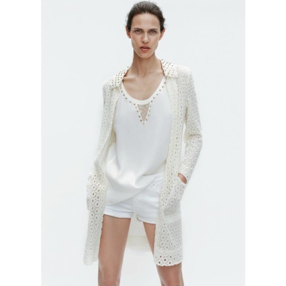ZARA Women’s Lightweight Lace Studded Collar Long Jacket Duster Cream Medium